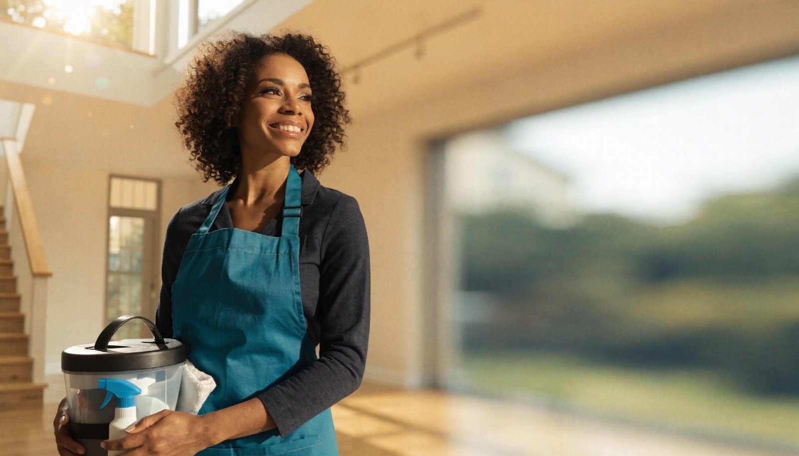A friendly, professional cleaner at work in a bright home