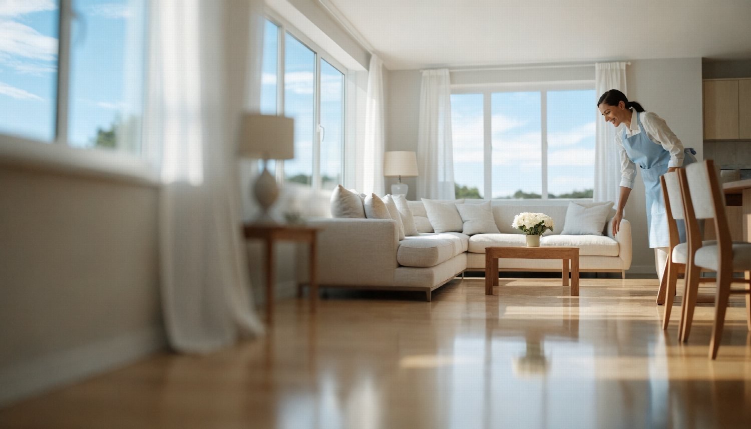 A bright, freshly cleaned living room